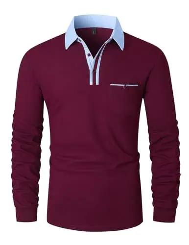 Produktbild: VMSUCIJ Herren Poloshirt Langarm Baumwolle Outdoor Casual Polo Tops Regular Golf T-Shirts,Rot 43,XL