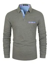 Produktbild: VMSUCIJ Poloshirt Herren Langarm Baumwolle Regular Slim Fit Plaid Denim Golf Polohemd M-3XL,Grau,XXL