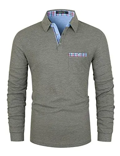 Produktbild: VMSUCIJ Poloshirt Herren Langarm Baumwolle Regular Slim Fit Plaid Denim Golf Polohemd M-3XL,Grau,XXL
