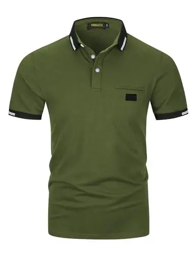 Produktbild: VMSUCIJ Poloshirt Herren,100% Baumwolle Kurzarm Polohemd,Klassisches Lederetiketten-Design T-Shirt, Slim Fit Golf Sports M-3XL,Armeegrün 39,XL