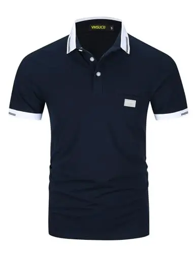 Produktbild: VMSUCIJ Poloshirt Herren,100% Baumwolle Kurzarm Polohemd,Klassisches Lederetiketten-Design T-Shirt, Slim Fit Golf Sports M-3XL,Blau2 39,L