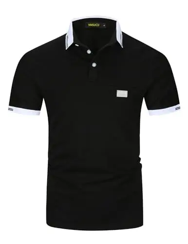 Produktbild: VMSUCIJ Poloshirt Herren,100% Baumwolle Kurzarm Polohemd,Klassisches Lederetiketten-Design T-Shirt, Slim Fit Golf Sports M-3XL,Schwarz2 39,M