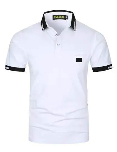Produktbild: VMSUCIJ Poloshirt Herren,100% Baumwolle Kurzarm Polohemd,Klassisches Lederetiketten-Design T-Shirt, Slim Fit Golf Sports M-3XL,Weiß 39,M