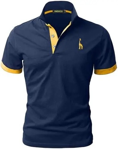 Produktbild: VMSUCIJ Poloshirt Herren Kurzarm,100% Baumwolle,Giraffe Stickerei,Bequeme und Atmungsaktive Polo Shirts Männer,Golf T-Shirt Casual Tops,Blau+Gelb 07,L