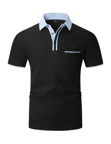 Produktbild: VMSUCIJ Poloshirt Herren Kurzarm Slim Fit 100% Baumwolle Lässige T-Shirts mit Kragen Golf Sports Polohemd mit Tasche,Schwarz 41,M