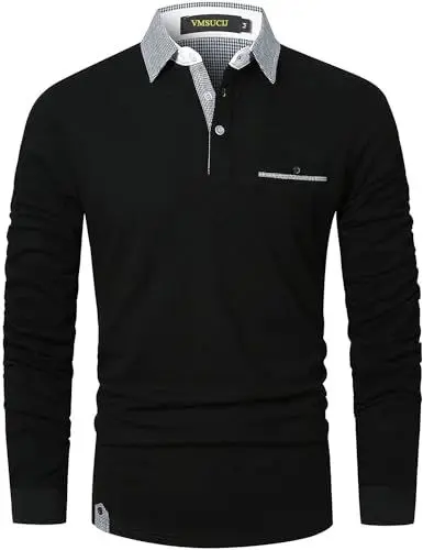 Produktbild: VMSUCIJ Poloshirt Herren Langarm,100% Baumwolle,atmungsaktiv und hautfreundlich,Slim Fit Golf Sports,Sportliches und Bequemes T-Shirt M-3XL,Schwarz 12,L