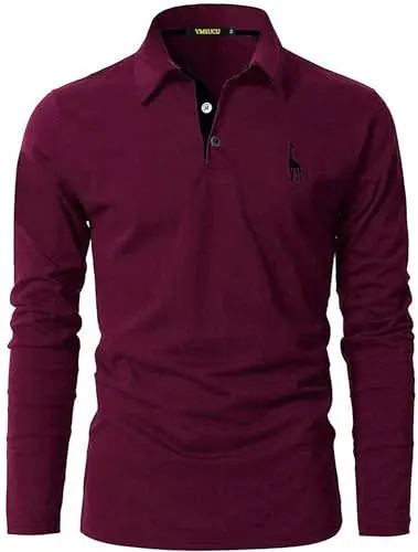 Produktbild: VMSUCIJ Poloshirt Herren Langarm Baumwolle Casual Slim Fit Giraffen Stickerei Männer Hemd T-Shirt Golf Sports Polohemd,Rot 09,L