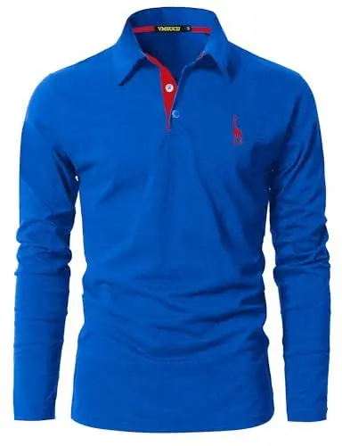 Produktbild: VMSUCIJ Poloshirt Herren Langarm Baumwolle Casual Slim Fit Giraffen Stickerei Männer Hemd T-Shirt Golf Sports Polohemd,Saphirblau 09,XXL