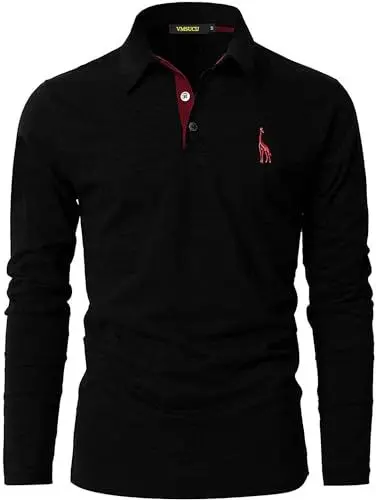 Produktbild: VMSUCIJ Poloshirt Herren Langarm Baumwolle Casual Slim Fit Giraffen Stickerei Männer Hemd T-Shirt Golf Sports Polohemd,Schwarz 09,L