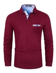 Produktbild: VMSUCIJ Poloshirt Herren Langarm Baumwolle Regular Slim Fit Plaid Denim Golf Polohemd M-3XL,Rot,XL