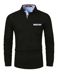 Produktbild: VMSUCIJ Poloshirt Herren Langarm Baumwolle Regular Slim Fit Plaid Denim Golf Polohemd M-3XL,Schwarz,XXL