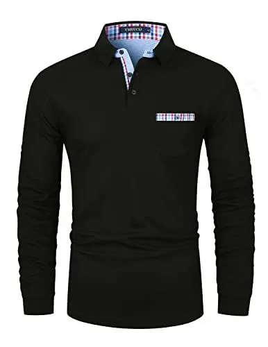 Produktbild: VMSUCIJ Poloshirt Herren Langarm Baumwolle Regular Slim Fit Plaid Denim Golf Polohemd M-3XL,Schwarz,XXL