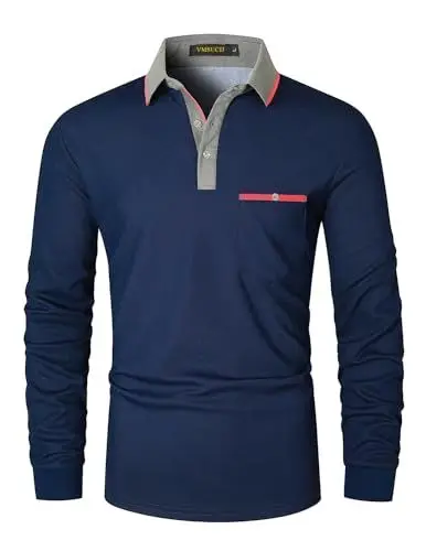 Produktbild: VMSUCIJ Poloshirt Herren Langarm Slim Fit Basic Golf Polo Poloshirt mit Farbkontrast Modisch und Vielseitig mit Taschen,Blau D08,L