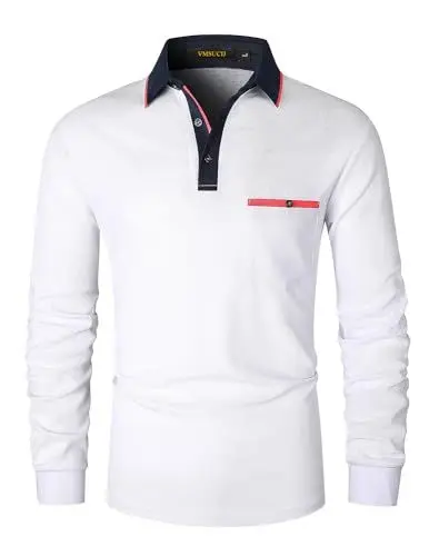 Produktbild: VMSUCIJ Poloshirt Herren Langarm Slim Fit Basic Golf Polo Poloshirt mit Farbkontrast Modisch und Vielseitig mit Taschen,Weiß D08,L