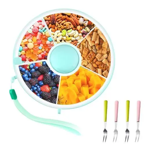 Produktbild: Vmxlso Snack Spinner, Rotierende Snackbox mit Fächern Kinder, Tragbare Snack Box mit Deckel, Snackteller mit 4 Kleinen Gabeln, Snackbox Kinder, Snack Organizer für Nüsse Süßigkeiten Obst (Mintgrün)
