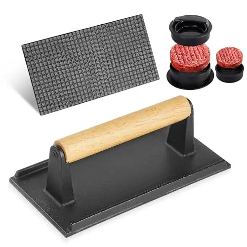 Produktbild: Vnierxful Vorgewürztes Gusseisen Grill Gewicht 2Pk. Hochbelastbare Steak- und Burgerpresse mit Holzgriff für Grills, Griddles und Flattops. Perfektes Gadget für Bacon, Paninis, Sandwiches und Gemüse