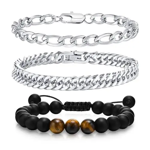 Produktbild: VNOX Armband Herren Armbänder Für Herren Armband Männer Edelstahl Armband Herren Silber,2 PCS (19cm, 3 PCS-Stil 2-Silber)