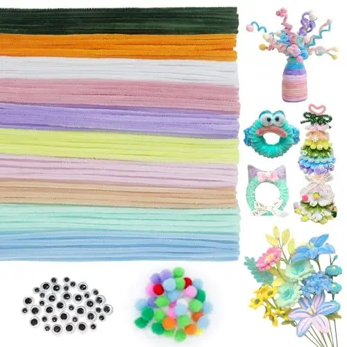 Produktbild: VntMQP 180 Stück 100 Chenilledraht Pfeifenputzer/40 kulleraugen selbstklebend/40 PomPons,30cm x 6mm pfeifenreiniger,Pipe Cleaner für DIY Projekte (10Macaron)