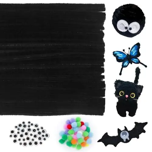 Produktbild: VntMQP 180 Stück 100 Chenilledraht Pfeifenputzer/40 kulleraugen selbstklebend/40 PomPons,30cm x 6mm pfeifenreiniger,Pipe Cleaner für DIY Projekte (Schwarz)