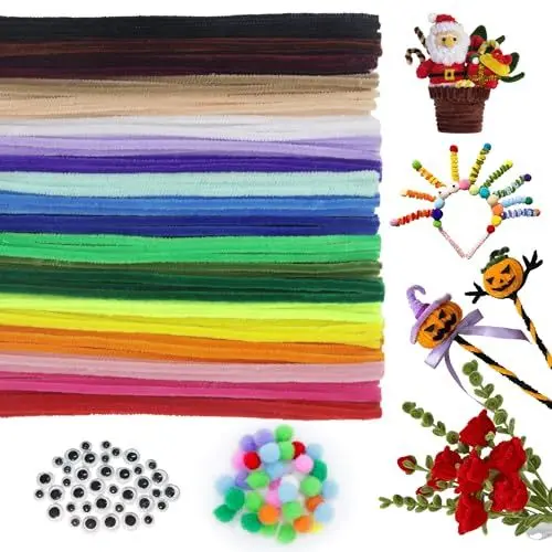 Produktbild: VntMQP 180 Stück 100 Chenilledraht Pfeifenputzer/40 kulleraugen selbstklebend/40 PomPons,30cm x 6mm pfeifenreiniger blumen,Pipe Cleaner für DIY Projekte (20Farben)