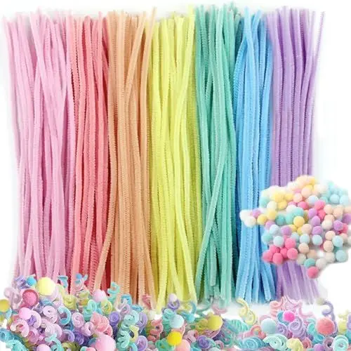Produktbild: VntMQP 200 Stück 100 Macaron-Farben Chenilledraht Pfeifenreiniger Pfeifenputzer Bunt Pipe Cleaner 6mmX30CM und 100 Feine Hochelastischer Pompons 1CM zum Basteln