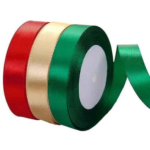 Produktbild: VntMQP Weihnachtsband, 2cm x 22m, 3 Farben (rot, grün und gold), 1 Rolle von jeder Farbe