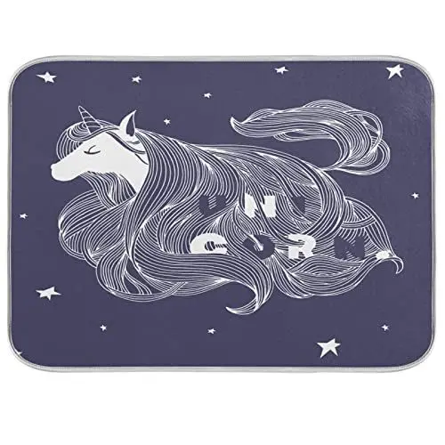 Produktbild: Vnurnrn Blaues Einhorn Pferd Geschirrtrocknungsmatte rutschfeste Schnell Trocknend Absorbierendes Tischset Pad für Camping Küche