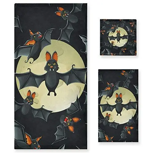 Produktbild: Vnurnrn Halloween Fledermaus Mond Handtuchset für Badezimmer(1 Badetuch & 1 Handtuch & 1 Waschlappen) Geruchsresistente Handtücher für Mädchen Kinder