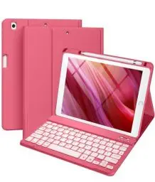 Produktbild: Vobafe Hülle mit Tastatur Kompatibel für iPad 9./ 8. /7. Generation 10.2 Zoll mit Stifthalter, Magnetisch 7 Farben Beleuchtung, Wiederaufladbar Abnehmbarer QWERTZ iPad Tastatur,Rot