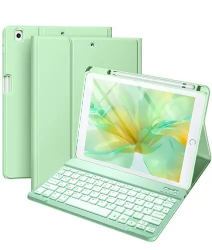 Produktbild: Vobafe Hülle mit Tastatur Kompatibel für iPad 9./ 8. /7. Generation 10.2 Zoll mit Stifthalter, Magnetisch 7 Farben Beleuchtung, Wiederaufladbar Abnehmbarer QWERTZ iPad Tastatur, Grün