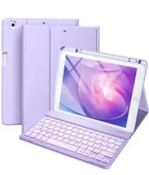 Produktbild: Vobafe Hülle mit Tastatur Kompatibel für iPad 9./ 8. /7. Generation 10.2 Zoll mit Stifthalter, Magnetisch 7 Farben Beleuchtung, Wiederaufladbar Abnehmbarer QWERTZ iPad Tastatur, Lavendel