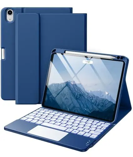 Produktbild: Vobafe Hülle mit Tastatur für iPad Air 11 Zoll (2025 M3/2024 M2), iPad Air 5 4 2022/2020 10,9 Zoll, Mutil-Touch Trackpad 7 Farben Beleuchtete Abnehmbare Keyboard Schutzhülle mit Stifthalter, Navyblau