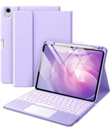 Produktbild: Vobafe Hülle mit Tastatur für iPad Air 11 Zoll (2025 M3/2024 M2), iPad Air 5 4 2022/2020 10,9 Zoll, Mutil-Touch Trackpad 7 Farben Beleuchtete Abnehmbare Keyboard Schutzhülle mit Stifthalter, Lavendel