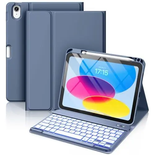 Produktbild: Vobafe Hülle mit Tastatur für iPad 10 Generation 10,9 Zoll 2022-7 Farben Beleuchtete Kabellose Abnehmbare Folio Keyboard Hülle mit Stifthalter für Neue iPad 10. Generation, Blau Grau