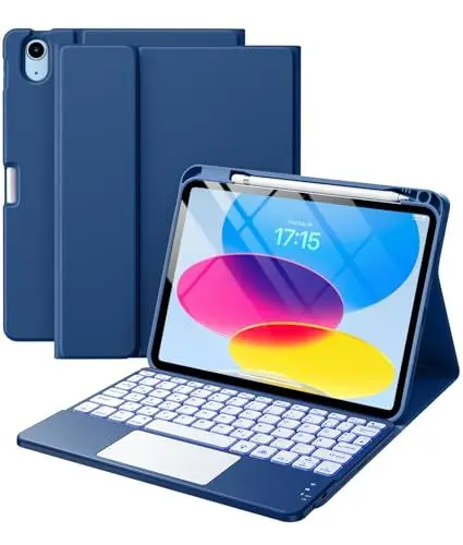 Produktbild: Vobafe Hülle mit Tastatur für iPad 10 Generation 2022, iPad 11 Generation A16 2025, 11/10,9 Zoll, Multi Touch Trackpad, 7 farbiges Hintergrundlicht, mit Stifthalter, QWERTZ Layout, Navy blau