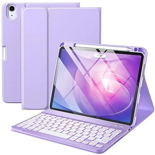 Produktbild: Vobafe Hülle mit Tastatur für iPad Air 11 Zoll 2025 2024 M3 M2/iPad Air 5 4 2022 2020 10,9 Zoll, 7 Farben Beleuchtete mit Abnehmbare Tastatur, TPU Rückschale mit Stifthalter, QWERTZ Layout, Lavendel