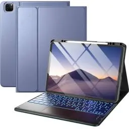 Produktbild: Vobafe Hülle mit Tastatur für iPad Pro 12.9 6./5./4./3. Generation mit Touchpad, 7 Farben Beleuchtung, Abnehmbare QWERTZ Tastatur, mit Stifthalter für iPad 12,9 Zoll, Blau grau
