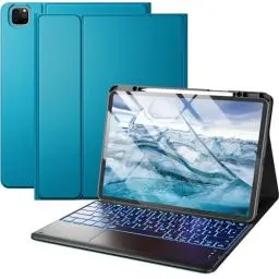 Produktbild: Vobafe Hülle mit Tastatur für iPad Pro 12.9 6./5./4./3. Generation mit Touchpad, 7 Farben Beleuchtung, Abnehmbare QWERTZ Tastatur, mit Stifthalter für iPad 12,9 Zoll, Pfauenblau