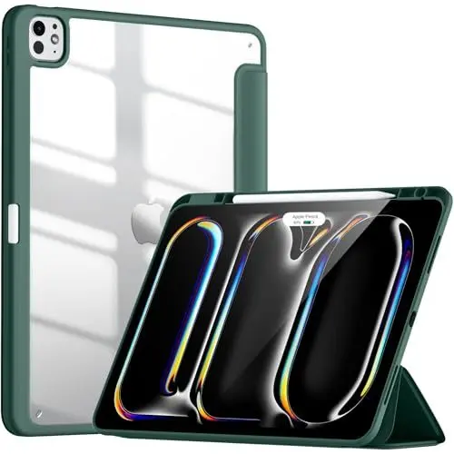 Produktbild: Vobafe Transparente Hülle Kompatibel mit iPad Pro 13 Zoll M4 2024 mit Stifthalter, Stoßfeste TPU-Abdeckung mit klarem Rückgehäuse, Auto Aufwach/Schlaf, Tannengrün