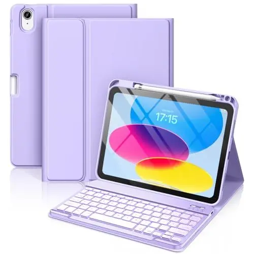 Produktbild: Vobafe Hülle mit Tastatur für iPad A16 11/10 Generation (2025/2022, 11/10.9 Zoll)- 7 Farben Beleuchtete Magnetische Abnehmbare Keyboard Schutzhülle mit Stifthalter für iPad 11. /10. Gen, Lavendel