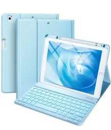 Produktbild: Vobafe Hülle mit Tastatur Kompatibel für iPad 9./ 8. /7. Generation 10.2 Zoll mit Stifthalter, Magnetisch 7 Farben Beleuchtung, Wiederaufladbar Abnehmbarer QWERTZ iPad Tastatur, Hellblau