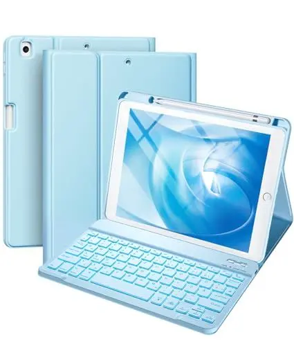 Produktbild: Vobafe Hülle mit Tastatur Kompatibel für iPad 9./ 8. /7. Generation 10.2 Zoll mit Stifthalter, Magnetisch 7 Farben Beleuchtung, Wiederaufladbar Abnehmbarer QWERTZ iPad Tastatur, Hellblau