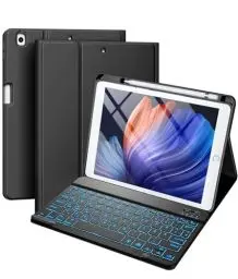 Produktbild: Vobafe Hülle mit Tastatur Kompatibel für iPad 9./ 8. /7. Generation 10.2 Zoll mit Stifthalter, Magnetisch 7 Farben Beleuchtung, Wiederaufladbar Abnehmbarer QWERTZ iPad Tastatur, Schwarz