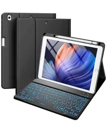 Produktbild: Vobafe Hülle mit Tastatur Kompatibel für iPad 9./ 8. /7. Generation 10.2 Zoll mit Stifthalter, Magnetisch 7 Farben Beleuchtung, Wiederaufladbar Abnehmbarer QWERTZ iPad Tastatur, Schwarz