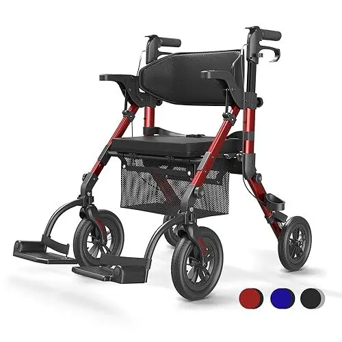 Produktbild: VOCIC 2 in 1 Rollstuhl Rollator Faltbar und Leicht mit Sitz,Outdoor Gummireifen für Allen Gelände,Leichtgewicht Rollatoren mit Netztasche,Aluminium Gehhilfer Transport-Stuhl,Rot (5 Jahre Garantie)
