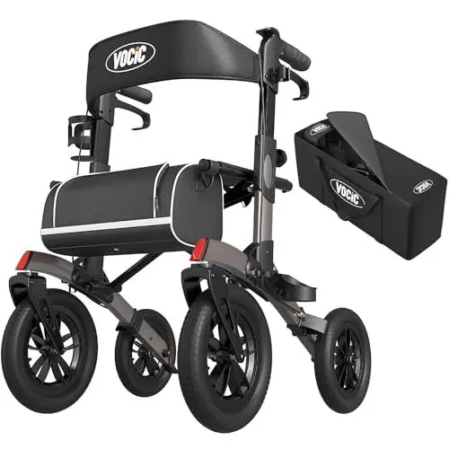 Produktbild: VOCIC Rollator Faltbar und Leicht mit Sitz,Outdoor Rollator mit Gummi-Nonluftbereifung für Allen Gelände,Aluminium Höhenverstellbare Rollatoren für Draußen&Langlauf&Reisen,Grau(5 Jahre Garantie)