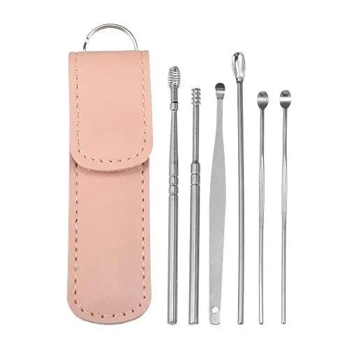 Produktbild: VOCOSTE 6 Stück Edelstahl Ohren Reinigung Werkzeug Satz Ohrenreiniger Ohrenpflege mit Kunstleder Verpackung Rosa