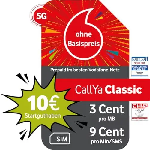 Produktbild: Vodafone Prepaid CallYa Classic | 10 EUR Startguthaben I ohne Vertrag | 5G-Netz | 9 Ct. pro Min/SMS