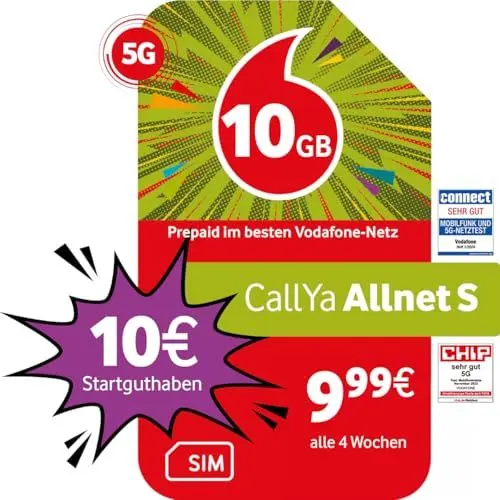 Produktbild: Vodafone Prepaid CallYa S | 15 GB | 10 EUR Startguthaben | ohne Vertrag | 5G-Netz | Telefon- SMS-Flat | EU-Roaming