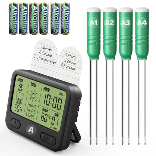 Produktbild: VODESON 4-in-1 Bodenmessgerät mit Zeit-, Temperatur-, Feuchtigkeits- und Lichtsensor für Garten, Rasen, Landwirtschaft und Outdoor-Pflanzen (1Anzeige+4Sensor)